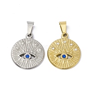 304 Stainless Steel Pendants, with Rhinestone, Flat Round with Horse Eye, Mixed Color, 22x18.5x2mm, Hole: 6.5x3mm(STAS-A062-30)