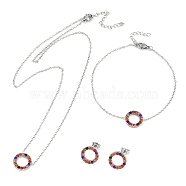 Ring 304 Stainless Steel Colorful Rhinestone Pendant Necklaces & Bracelets & Stud Earrings Sets for Women, Stainless Steel Color, Necklace: 17.72 inch(450mm)(SJEW-C004-09P-02)