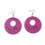 Wood Dangle Earrings, with Platinum Tone Iron Earring Hooks, Flat Round with Spider, Hot Pink, 71mm, Pin: 0.6mm, Pendant: 49.5~50x5~5.5mm(X-EJEW-L219-A04)