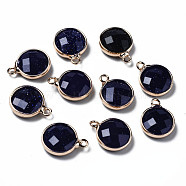 Synthetic Blue Goldstone Charms, Faceted, with Golden Plated Brass Edge and Loop, Flat Round, 14.5x11.5x4.5mm, Hole: 1.5mm(G-Q998-026B)