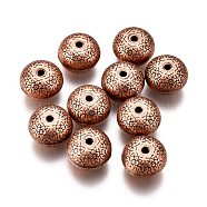 Tibetan Style Alloy Beads, Lead Free & Cadmium Free, Flat Round with Flower, Red Copper, 12x8mm, Hole: 1.6mm(PALLOY-F277-58R-RS)