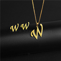 Golden Stainless Steel Initial Letter Jewelry Set, Stud Earrings & Pendant Necklaces, Letter W, No Size(IT6493-11)