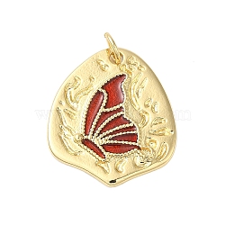 Rack Plating Brass Enamel Pendants, with Jump Ring, Cadmium Free & Lead Free, Real 18K Gold Plated, Irregular with Butterfly Charm, FireBrick, 21.5x19x2.4mm, Hole: 3.4mm(KK-S372-04B-04)