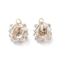 Clear Glass Charms, with Brass Findings, Cube, Real 18K Gold Plated, 11x9.5x11mm, Hole: 1.4mm(KK-M233-31G)