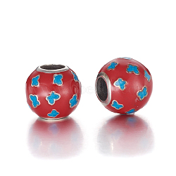 Antique Silver Plated 925 Sterling Silver European Beads, Large Hole Beads, with Enamel, Carved with 925, Round with Butterfly, Red, 11x10mm, Hole: 4.5mm(STER-L062-02AS)