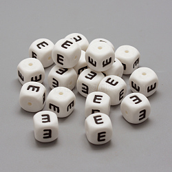 Food Grade Eco-Friendly Silicone Beads, Horizontal Hole, DIY Necklaces Making, Letter Style, Cube, White, 12x12x12mm, Hole: 2mm(X-SIL-R001-E)