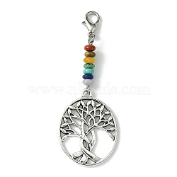 Alloy Tree of Life Pendant Decorations, with Chakra Gemstone Bead and Zinc Alloy Lobster Claw Clasps, Flat Round, 54.5mm(HJEW-JM01383-05)