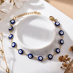 Ion Plating(IP) 304 Stainless Steel Link Bracelets, Evil Eye, Real 18k Gold Plated, Blue, 7-5/8 inch(19.5cm)(BJEW-H511-02)