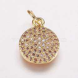 Brass Cubic Zirconia Charms, Flat Round, Golden, 13x10x2.5mm, Hole: 3.5mm(KK-P134-25G)