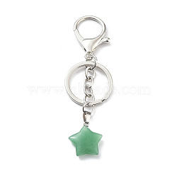 Natural Green Aventurine Keychain, with Platinum Plated Iron Split Key Rings, Star, 9.8cm(KEYC-M022-02B)