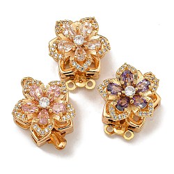 Brass Micro Pave Clear Cubic Zirconia Box Clasps, Real 18K Gold Plated, Flower, 2-Strand, 4-Hole, Mixed Color, 21.5x15.5x11.5mm, Hole: 1.6mm(KK-U037-35G)