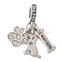 Rack Plating Alloy Crystal Rhinestone European Dangle Charms, Large Hole Dog & Paw Print & Bone Pendants with Enamel, Cadmium Free & Nickel Free & Lead Free, Platinum, 30mm, Hole: 5mm(PALLOY-S189-20P)