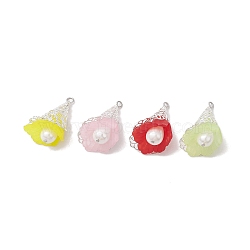 Acrylic & Pearl Pendants, with 304 Stainless Steel Findings, Flower, Mixed Color, 30~30.5x18x21mm, Hole: 1.8~2.5mm, 4pcs/se(PALLOY-TA00128-S)