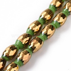 Electroplated Glass Beads Strands, Faceted, Half Golden Plated, Rice, Medium Sea Green, 10x6mm, Hole: 1.2mm, about 39pcs/strand, 15.75''(40cm)(GLAA-P003-D03)