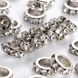 Brass Rhinestone Spacer Beads, Grade A, Platinum Metal Color, Crystal, 8x2.5mm, Hole: 5mm(RB-H253-8x2.5mm-01)