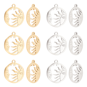 12Pcs 2 Colors 304 Stainless Steel Pendants, Hollow, Flat Round with Sun, Golden & Stainless Steel Color, 17x15x1mm, Hole: 1.5mm, 6pcs/color