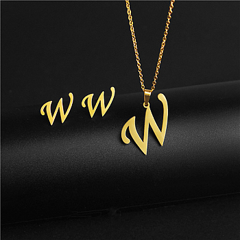Golden Stainless Steel Initial Letter Jewelry Set, Stud Earrings & Pendant Necklaces, Letter W, No Size