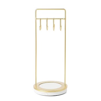 4-Hook Iron Storage Jewelry Rack, Jewelry Display Holder with Round Marble Base, for Earrings, Necklaces, Bracelets, Golden, 9x22cm