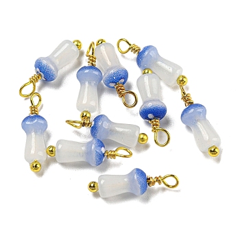 Mushroom Glass Charms, with Real 18K Gold Plated Brass Findings, Royal Blue, 14~14.5x4~4.5mm, Hole: 1.6mm