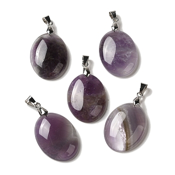 Natural Amethyst Pendants, Oval Charms with Rack Plating Platinum Plated Brass Snap on Bails, 30x21.5~22x6~6.5mm, Hole: 6x4mm