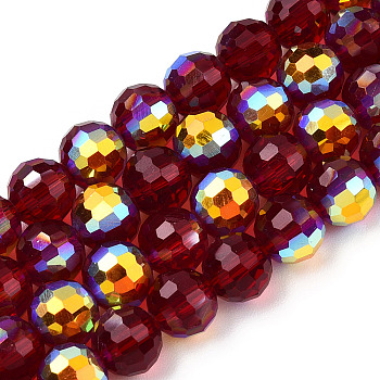 Transparent Electroplate Glass Beads Strands, Faceted, Half AB Color Plated, Round, Dark Red, 8x7~7.5mm, Hole: 1.0mm, about 71~72 pcs/strand, 20.20~21.85 inch(51.3~55.5cm)