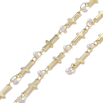 Rack Plating Golden Brass Cross Link Chains, with Plastic Pearl Beaded, Unwelded, with Card Paper, White, 13.5x5x2mm, 5x4.5x3mm