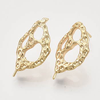 Brass Stud Earring Findings, Nickel Free, with Loop, Real 18K Gold Plated, Bumpy, 22.5~24x12mm, Hole: 1.2mm, Pin: 0.8mm