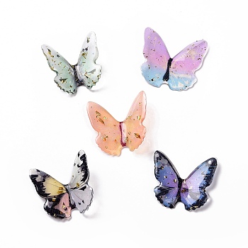 Transparent Resin Cabochons, with Gold Foil, Butterfly, Mixed Color, 37~38x38~42x3.5~4mm