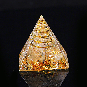 Orgonite Pyramid Resin Display Decorations, with Brass Findings, Gold Foil and Natural Rutilated Quartz Chips Inside, for Home Office Desk, 30mm