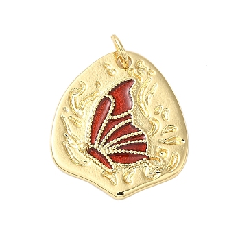 Rack Plating Brass Enamel Pendants, with Jump Ring, Cadmium Free & Lead Free, Real 18K Gold Plated, Irregular with Butterfly Charm, FireBrick, 21.5x19x2.4mm, Hole: 3.4mm