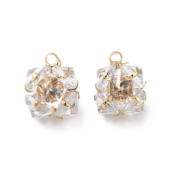 Clear Glass Charms, with Brass Findings, Cube, Real 18K Gold Plated, 11x9.5x11mm, Hole: 1.4mm