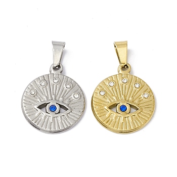 304 Stainless Steel Pendants, with Rhinestone, Flat Round with Horse Eye, Mixed Color, 22x18.5x2mm, Hole: 6.5x3mm