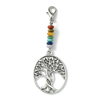 Alloy Tree of Life Pendant Decorations, with Chakra Gemstone Bead and Zinc Alloy Lobster Claw Clasps, Flat Round, 54.5mm