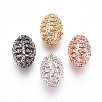 Brass Micro Pave Cubic Zirconia Beads, Sports Beads, Rugby, Clear, Mixed Color, 17x11.5mm, Hole: 1.5mm