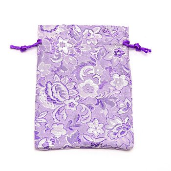 Polyester Pouches, Drawstring Bag, Rectangle with Floral Pattern, Lilac, 14x11x0.3cm