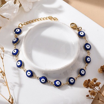 Ion Plating(IP) 304 Stainless Steel Link Bracelets, Evil Eye, Real 18k Gold Plated, Blue, 7-5/8 inch(19.5cm)