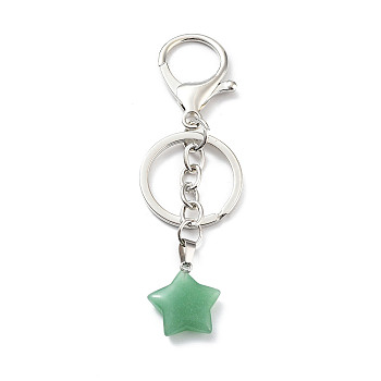 Natural Green Aventurine Keychain, with Platinum Plated Iron Split Key Rings, Star, 9.8cm