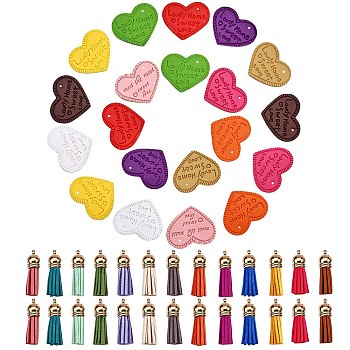 20Pcs 10 Colors Heart with Word Lovdy Home Sweet Love PU Leather Pendants, with 26Pcs 13 Colors Velvet & Faux Suede Cord Tassels Pendant Decorations, Mixed Color, 2pcs/color
