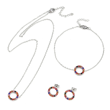 Ring 304 Stainless Steel Colorful Rhinestone Pendant Necklaces & Bracelets & Stud Earrings Sets for Women, Stainless Steel Color, Necklace: 17.72 inch(450mm)