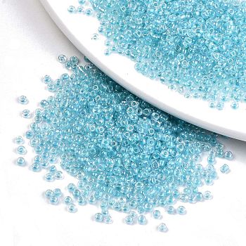 12/0 Glass Seed Beads, Inside Colours, Round Hole, Round, Transparent Colours Rainbow, Sky Blue, 12/0, 2~2.5x1.5~2mm, Hole: 0.8mm, about 6666pcs/100g