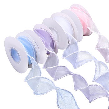 4Rolls 5 Yards ABS Pearl Edged Mesh Ribbon for Bowknot Making, Gift Wrapping, Mixed Color, 1-5/8 inch(40mm), 1roll/color