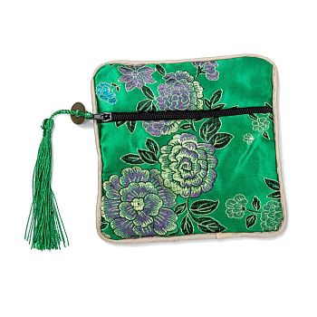 Chinese Brocade Tassel Zipper Jewelry Bag Gift Pouch, Square with Flower Pattern, Green, 11.5~11.8x11.5~11.8x0.4~0.5cm