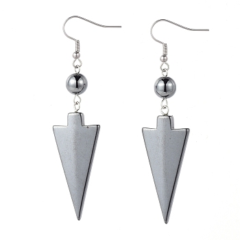 Non-Magnetic Synthetic Hematite Dangle Earrings, with 304 Stainless Steel Earring Hooks, Triangle and Round, 74~75mm, Pin: 0.7mm