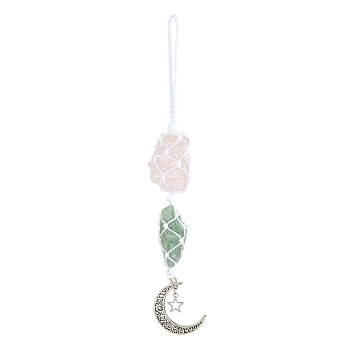 Nuggets Natural Gemstone Pocket Pendant Decorations, Moon Star Alloy Charms and Nylon Thread Hanging Ornaments, 205~215mm