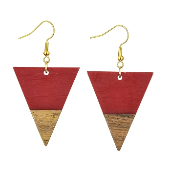 Resin & Walnut Wood Triangle Dangle Earrings, Golden Iron Long Drop Earrings, FireBrick, 57x30.5mm