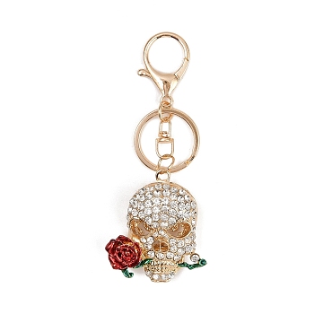 Skull with Rose Alloy Rhinestone Pendant Decoration Keychains, with Lobster Clasp Charms and Chian Rings, for Keychain, Purse, Backpack Ornament, Light Gold, 115mm