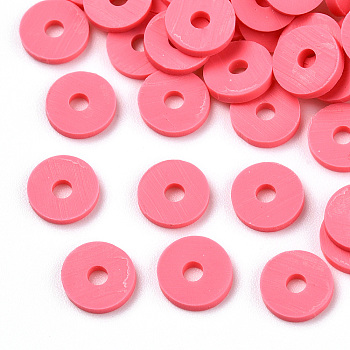 Handmade Polymer Clay Beads, Disc/Flat Round, Heishi Beads, Salmon, 6x1mm, Hole: 2mm, about 23500pcs/1000g