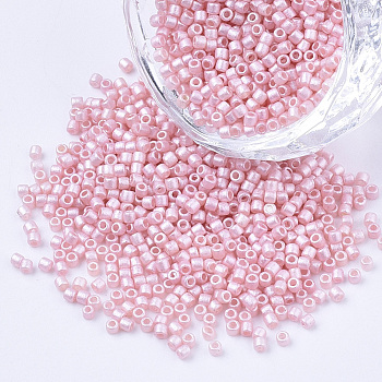 Pearlized Cylinder Seed Beads, Uniform Size, Pink, 1.5~2x1~2mm, Hole: 0.8mm, about 4000pcs/bag, about 50g/bag