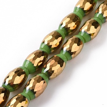 Electroplated Glass Beads Strands, Faceted, Half Golden Plated, Rice, Medium Sea Green, 10x6mm, Hole: 1.2mm, about 39pcs/strand, 15.75''(40cm)