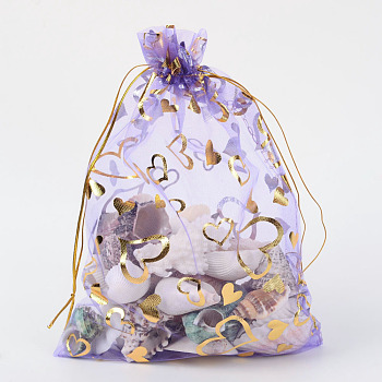 Heart Printed Organza Bags, Gift Bags, Rectangle, Medium Purple, 18x13cm